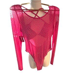 Hot Pink Rhinestone Long-Sleeve Sheer Bodysuit W/ Crisscross Halter Neck